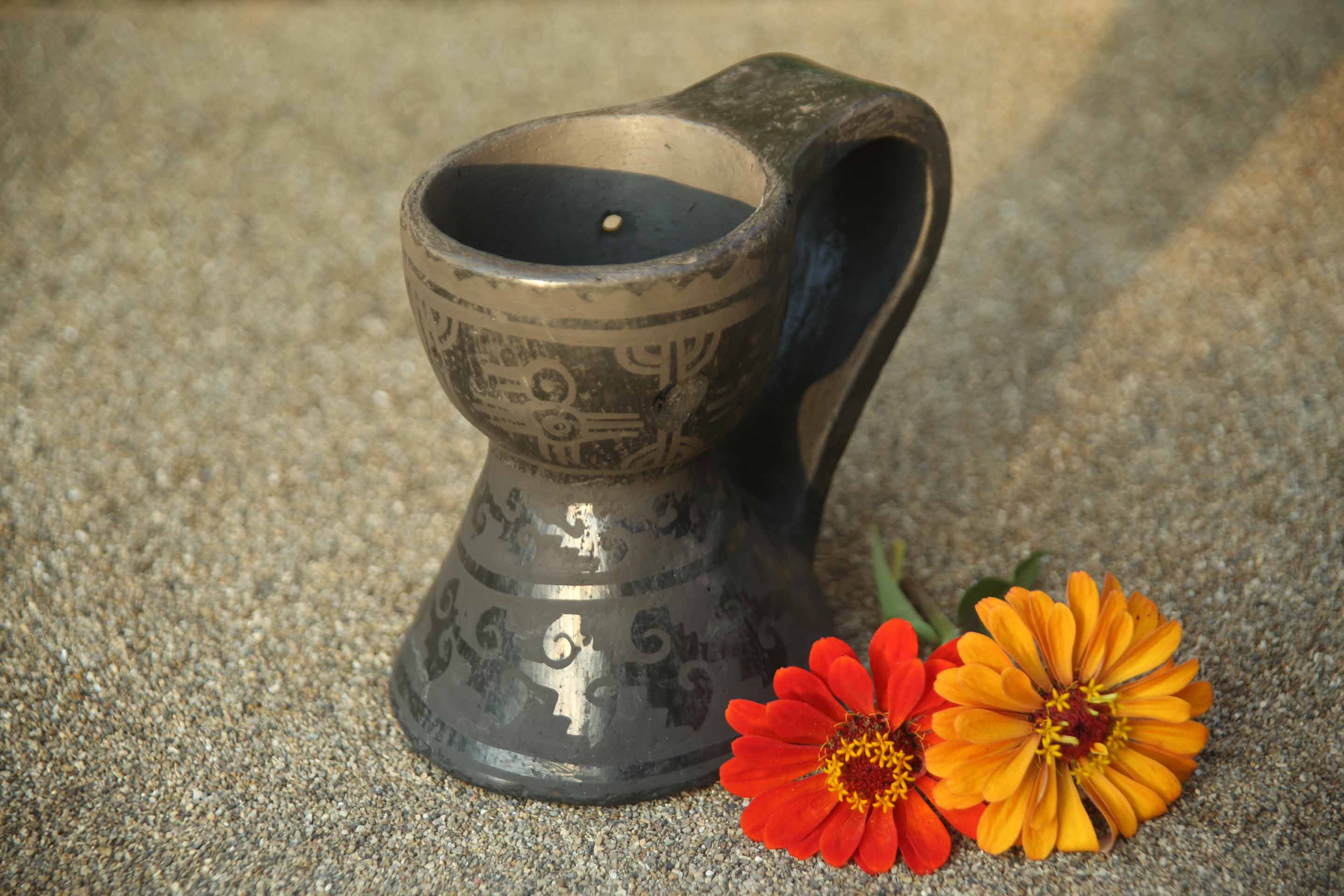 Hand Painted Incense burner Aztec Bird Design on Black Pottery ...