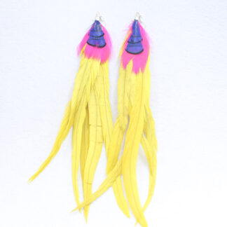 long feathered earring striking yellow feathers